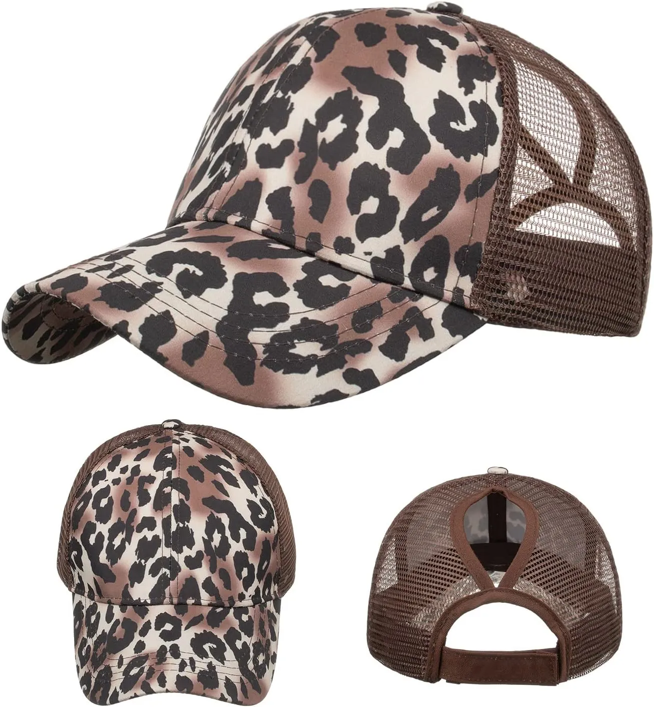 TopTie Ponytail Hat Leopard Messy High Bun Baseball Cap Mesh Back