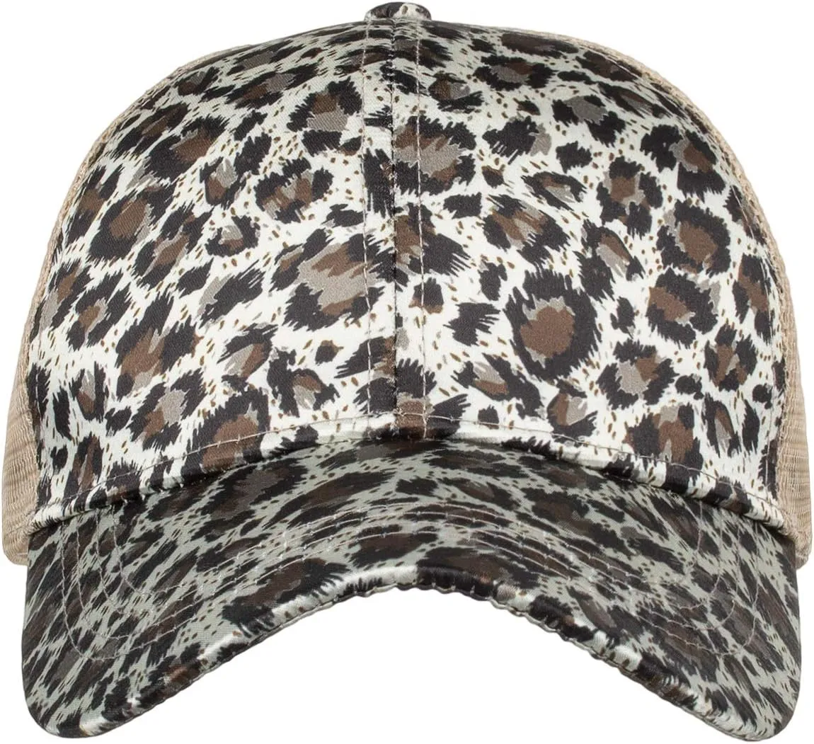 TopTie Ponytail Hat Leopard Messy High Bun Baseball Cap Mesh Back