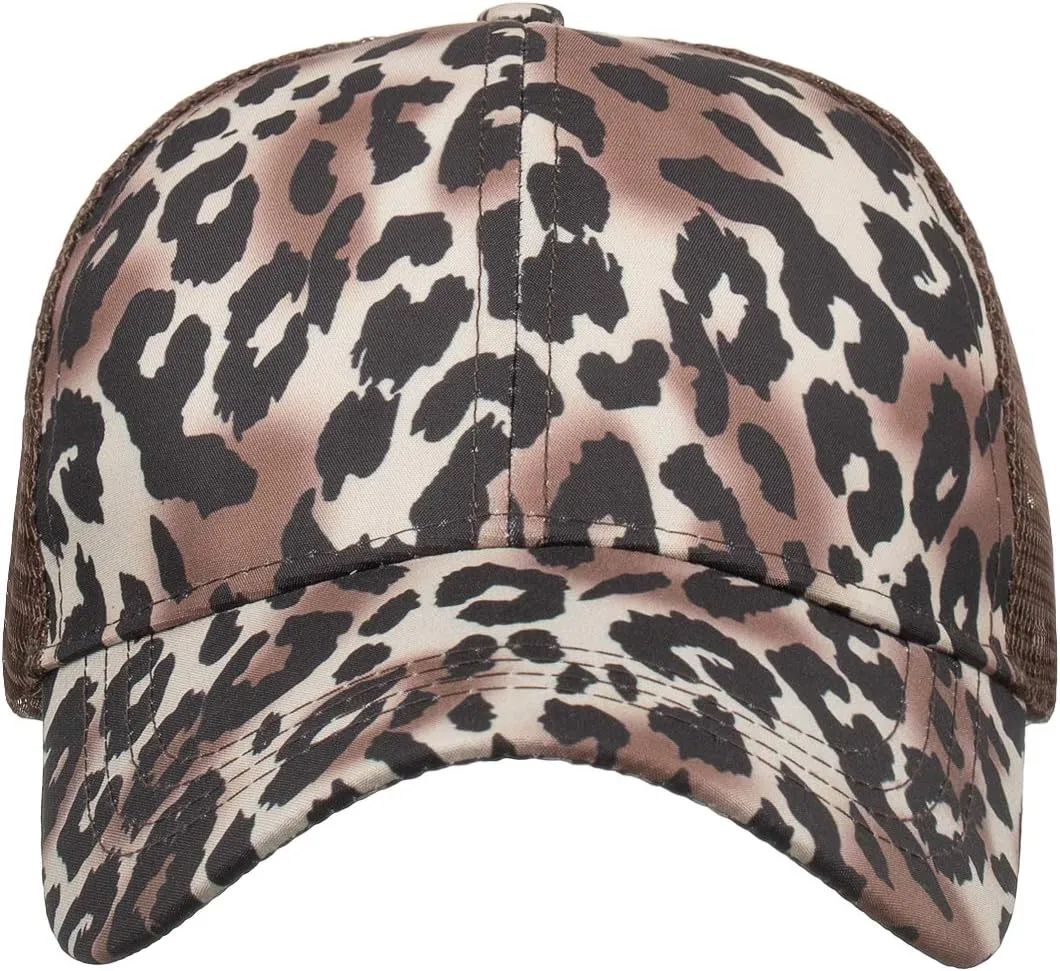 TopTie Ponytail Hat Leopard Messy High Bun Baseball Cap Mesh Back