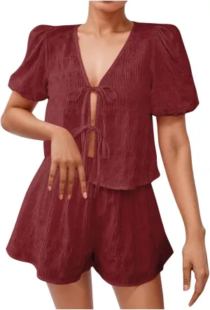 Trendy Summer Outfits for Women 2025 Cute Tie Front Short Sleeve Crop Tops with Shorts Gauze Beach Vacation Clothes