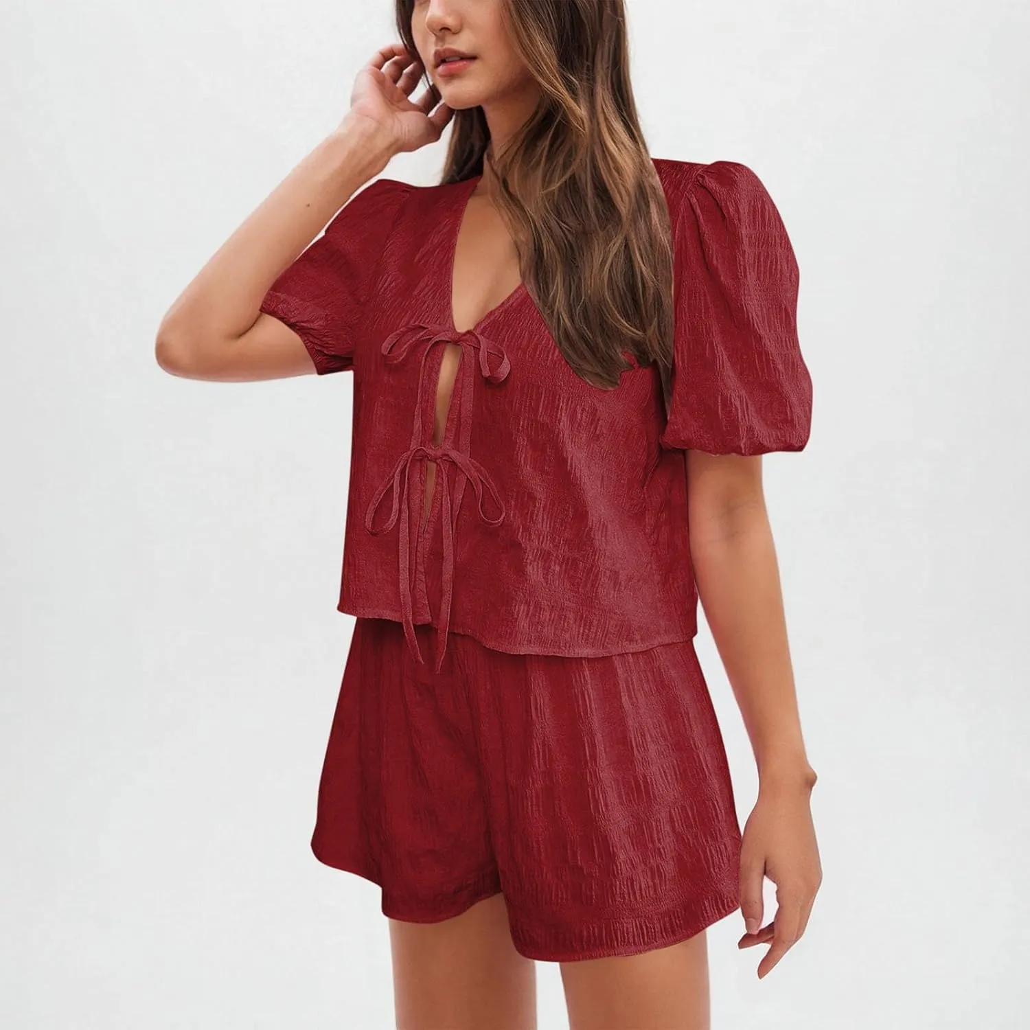 Trendy Summer Outfits for Women 2025 Cute Tie Front Short Sleeve Crop Tops with Shorts Gauze Beach Vacation Clothes