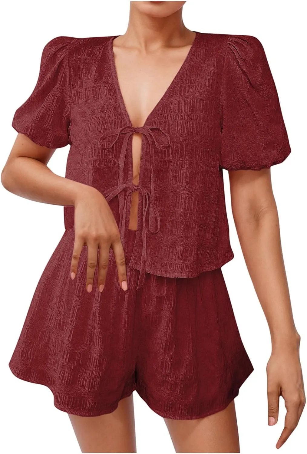 Trendy Summer Outfits for Women 2025 Cute Tie Front Short Sleeve Crop Tops with Shorts Gauze Beach Vacation Clothes