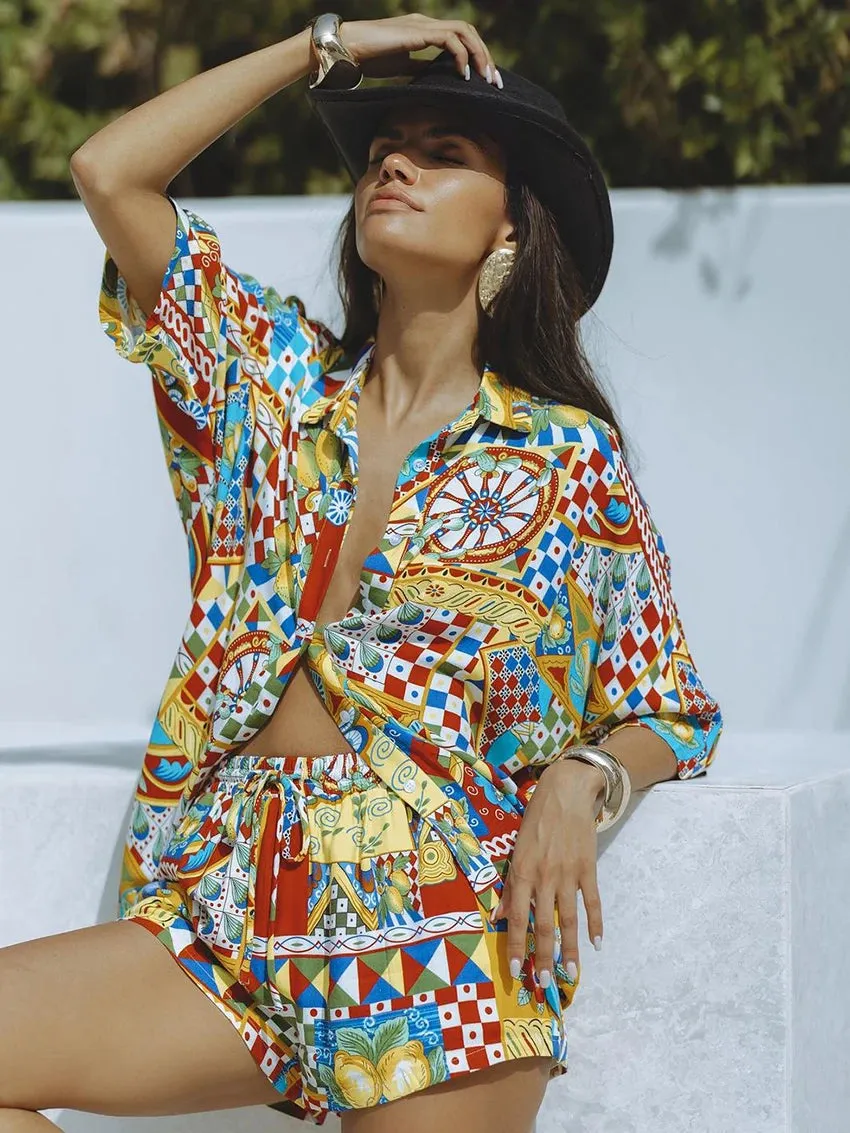 Tropical Print Women's 2-Piece Loungewear Set Shirt & Shorts