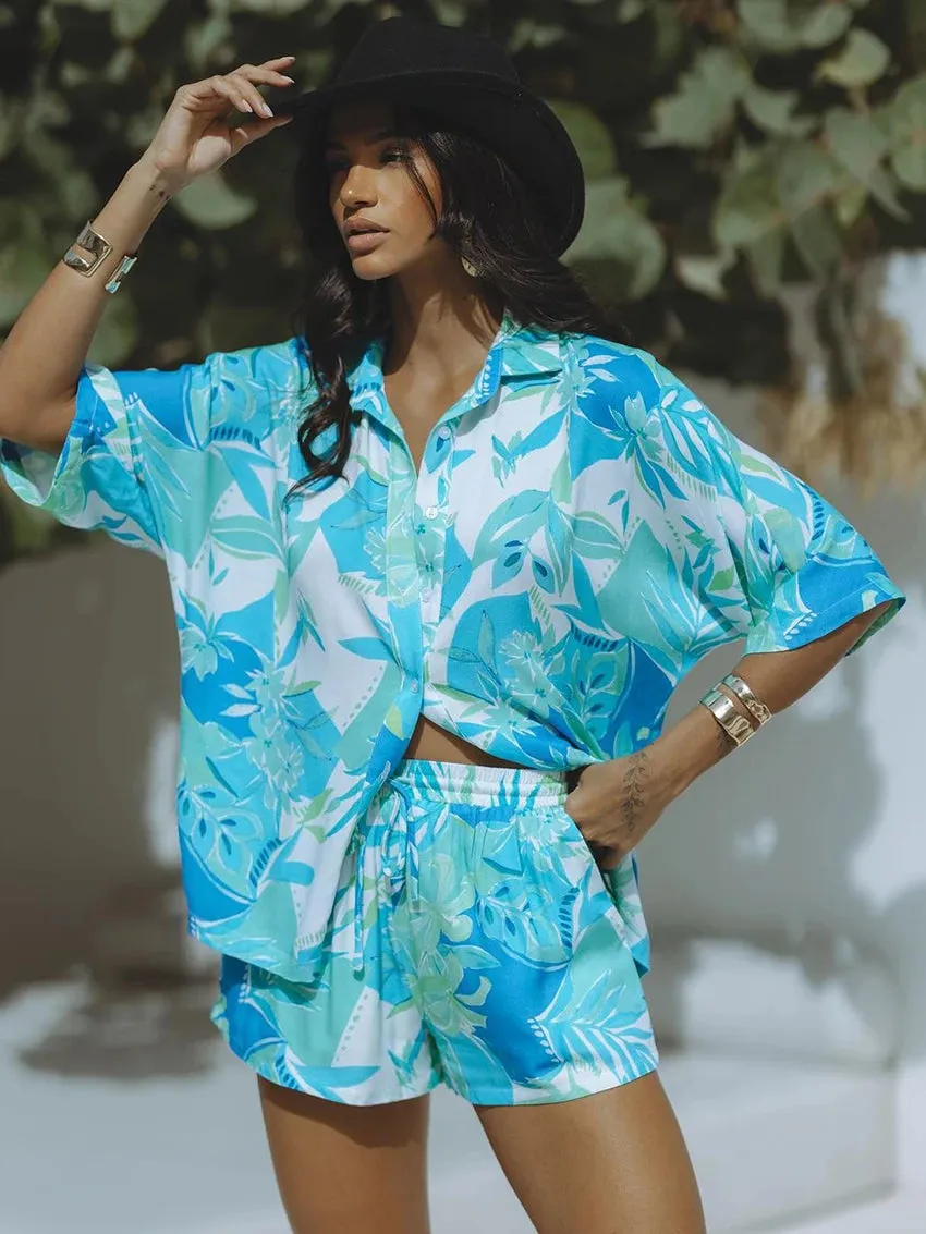 Tropical Print Women's 2-Piece Loungewear Set Shirt & Shorts