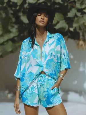 Tropical Print Women's 2-Piece Loungewear Set Shirt & Shorts