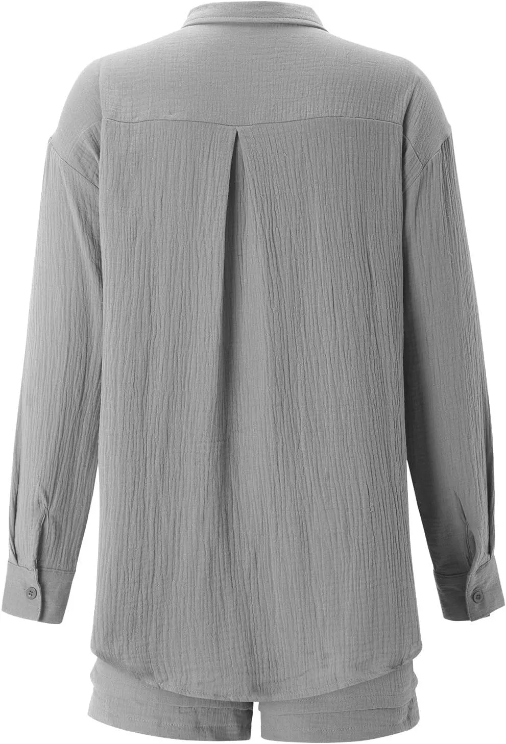 Two Piece Linen Sets for Women Long Sleeve Button Down Shirts and Drawstring Shorts Summer Beach Outfits