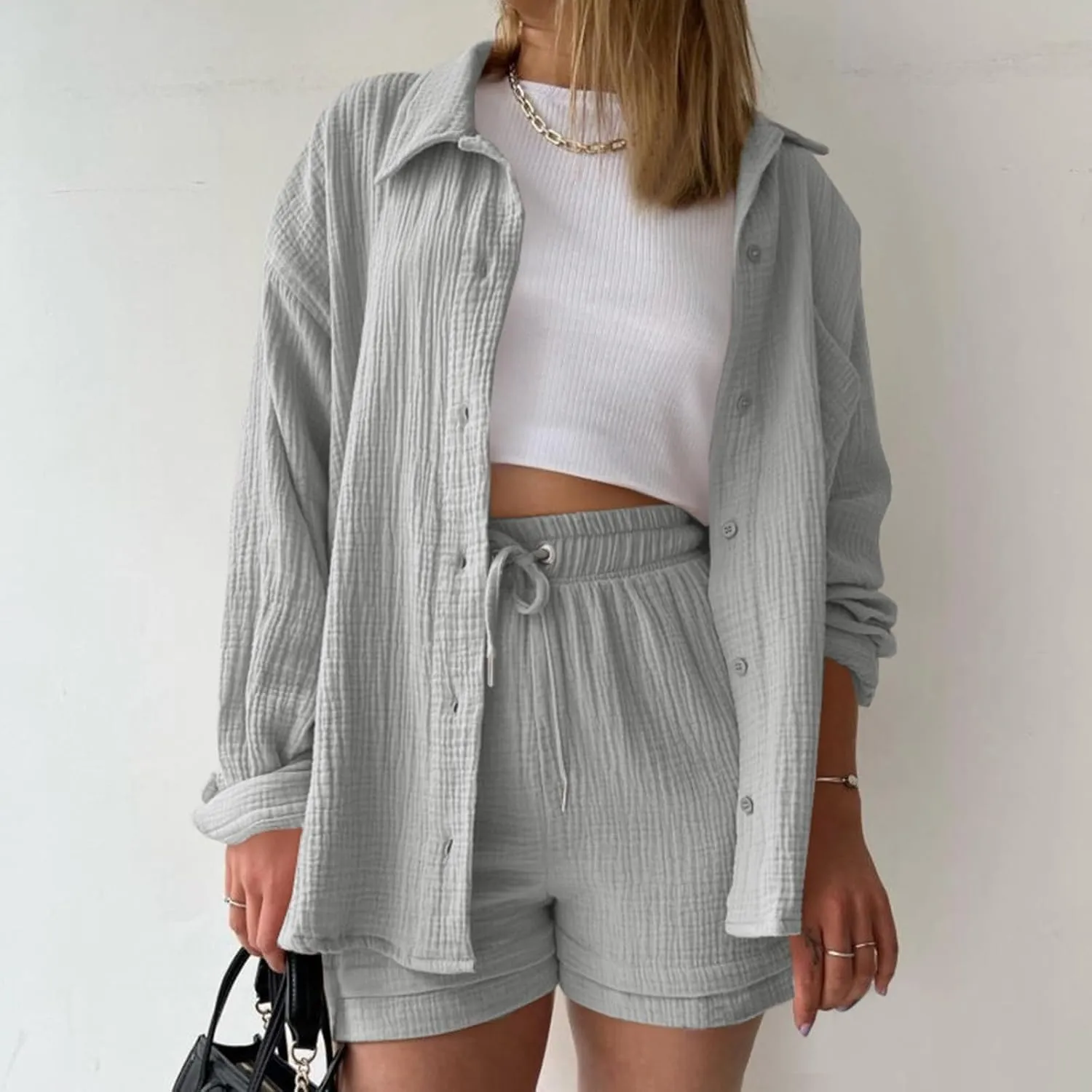 Two Piece Linen Sets for Women Long Sleeve Button Down Shirts and Drawstring Shorts Summer Beach Outfits