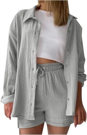 Two Piece Linen Sets for Women Long Sleeve Button Down Shirts and Drawstring Shorts Summer Beach Outfits