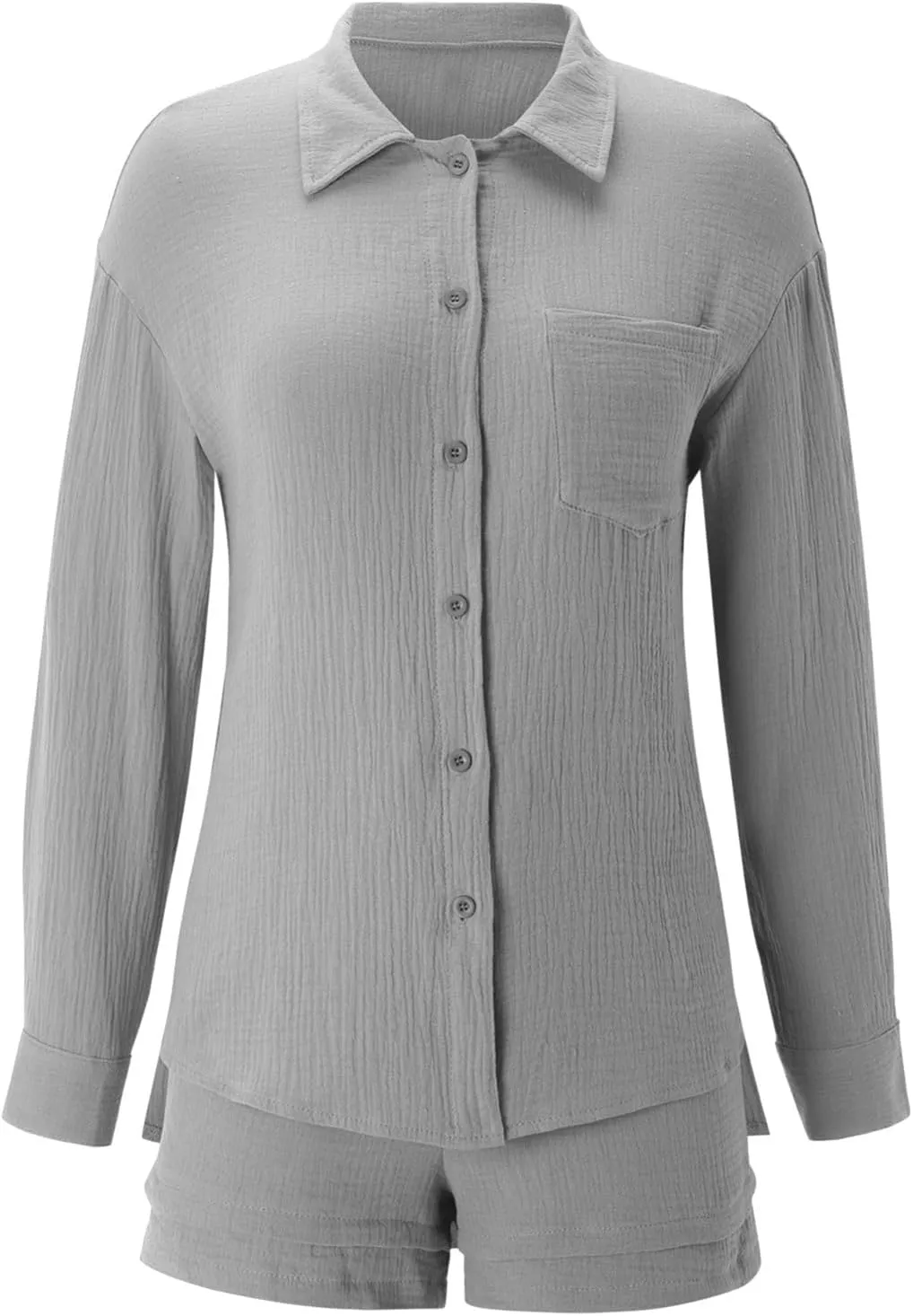 Two Piece Linen Sets for Women Long Sleeve Button Down Shirts and Drawstring Shorts Summer Beach Outfits