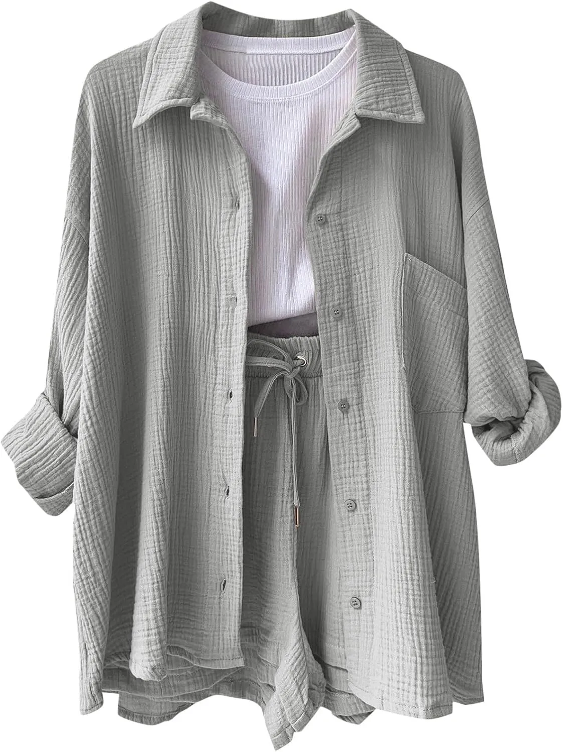 Two Piece Linen Sets for Women Long Sleeve Button Down Shirts and Drawstring Shorts Summer Beach Outfits