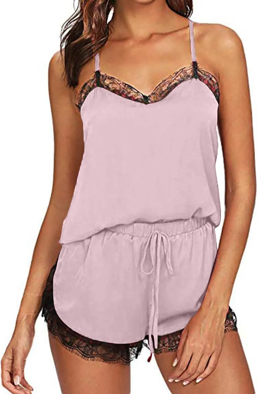 Two Piece Pajama Set for Women Sexy Solid Cami Tops and Drawstring Elastic Lace Hem Short Lounge Pant Pajama Set