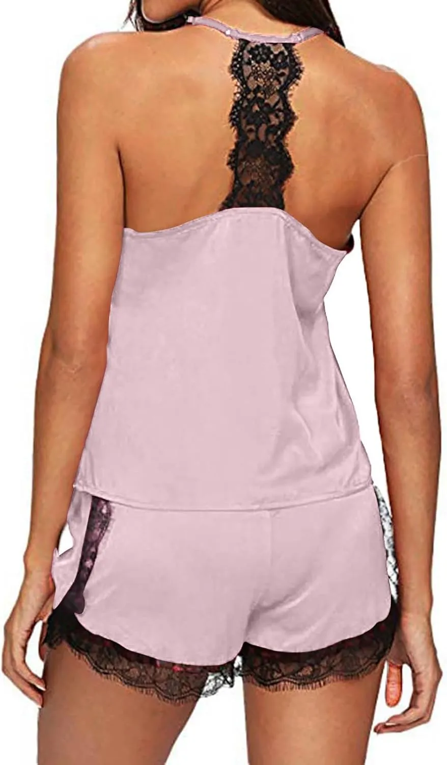 Two Piece Pajama Set for Women Sexy Solid Cami Tops and Drawstring Elastic Lace Hem Short Lounge Pant Pajama Set