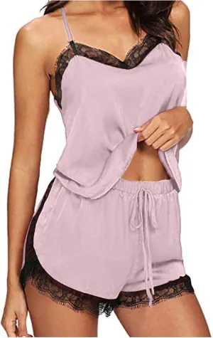 Two Piece Pajama Set for Women Sexy Solid Cami Tops and Drawstring Elastic Lace Hem Short Lounge Pant Pajama Set
