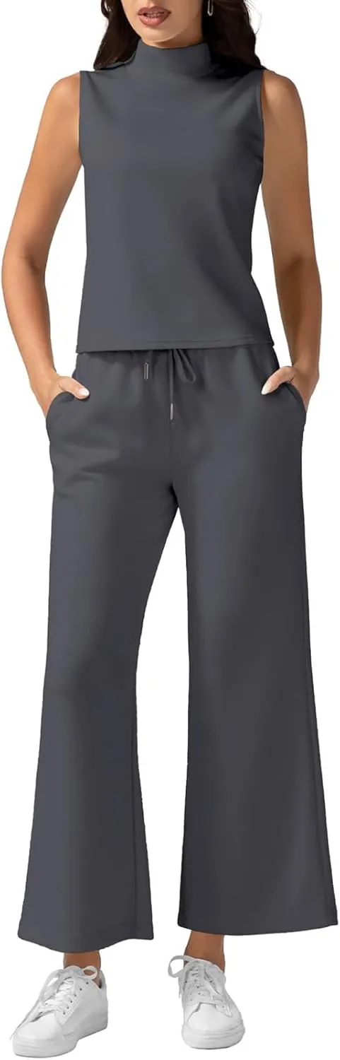 Two Piece Sets for Women Summer Outfits Mock Neck Tank Top Wide Leg Pants Beach Vacation Outfits Tracksuit