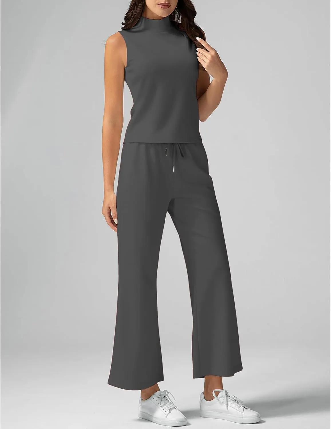 Two Piece Sets for Women Summer Outfits Mock Neck Tank Top Wide Leg Pants Beach Vacation Outfits Tracksuit