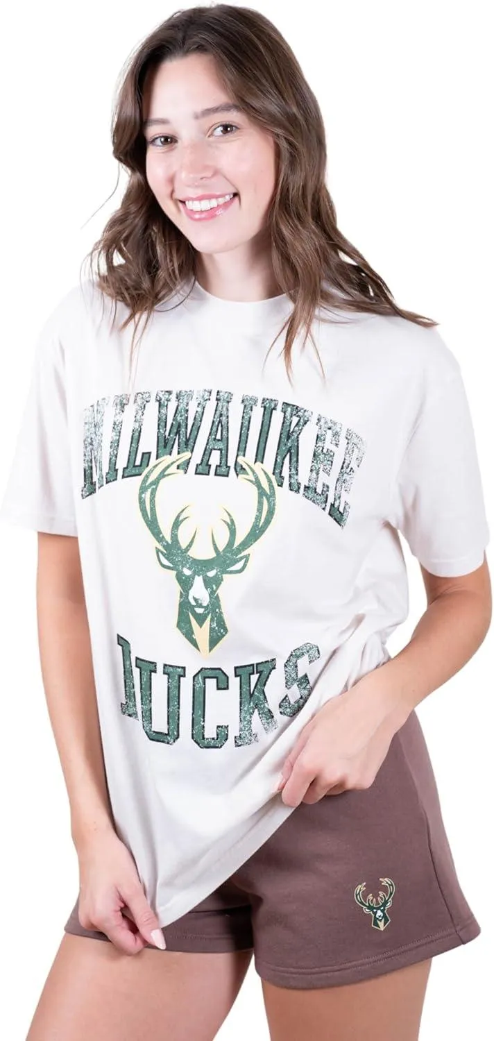 Ultra Game NBA Official Women's Super Soft T-Shirt & Short Set, Milwaukee Bucks, White|Milwaukee Bucks