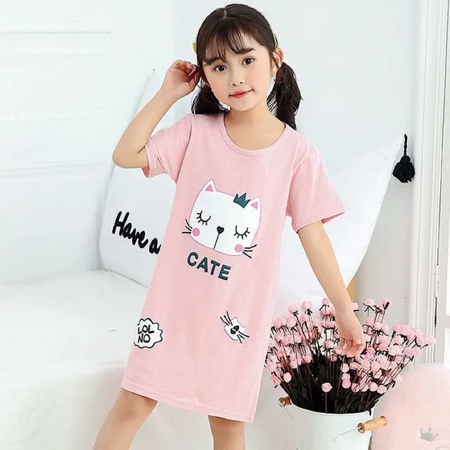 Unicorn Cotton Nightdress Little Teen Girl Pajamas Dresses Children Cartoon Summer Nightgown Home Clothes Kids Sleepwear Gecelik