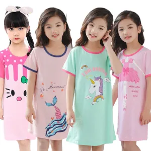 Unicorn Cotton Nightdress Little Teen Girl Pajamas Dresses Children Cartoon Summer Nightgown Home Clothes Kids Sleepwear Gecelik