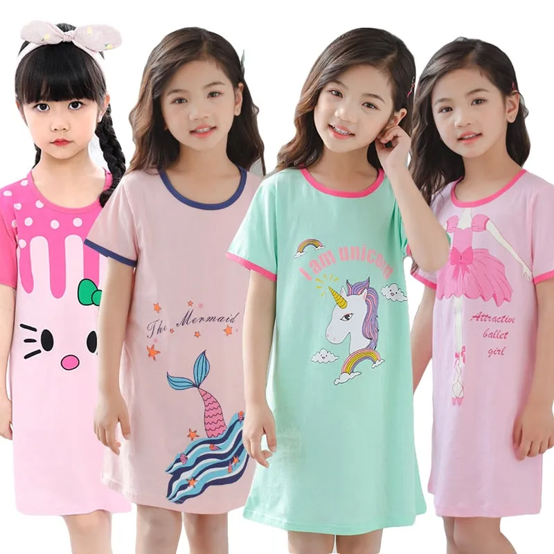 Unicorn Cotton Nightdress Little Teen Girl Pajamas Dresses Children Cartoon Summer Nightgown Home Clothes Kids Sleepwear Gecelik