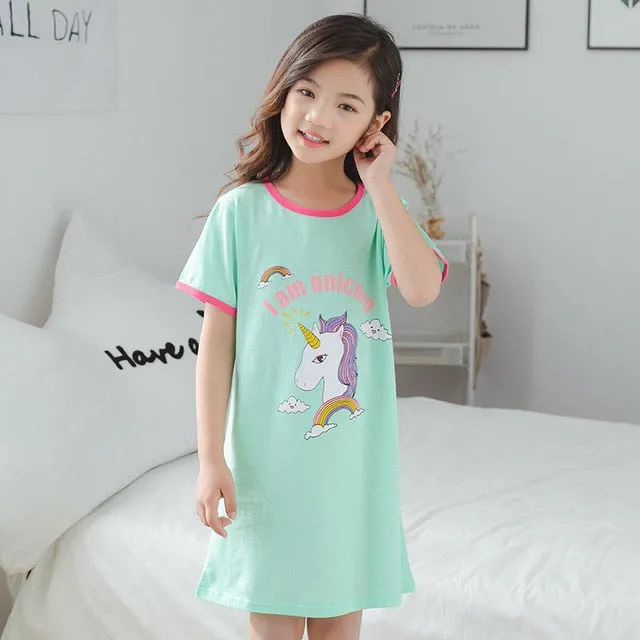 Unicorn Cotton Nightdress Little Teen Girl Pajamas Dresses Children Cartoon Summer Nightgown Home Clothes Kids Sleepwear Gecelik