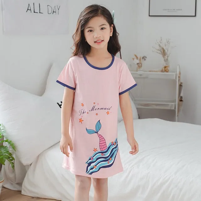 Unicorn Cotton Nightdress Little Teen Girl Pajamas Dresses Children Cartoon Summer Nightgown Home Clothes Kids Sleepwear Gecelik