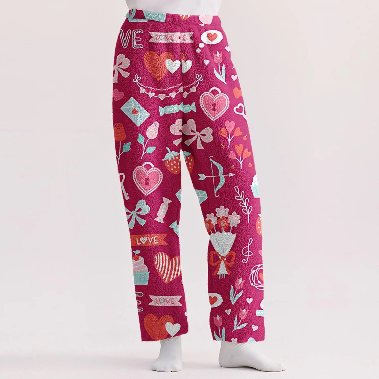 Valentines Pajama Pants 2024 Heart Pj Pants Unisex Fuzzy Pajama Bottoms Women Man Cozy Fleece Lounge Pants Sleepwear