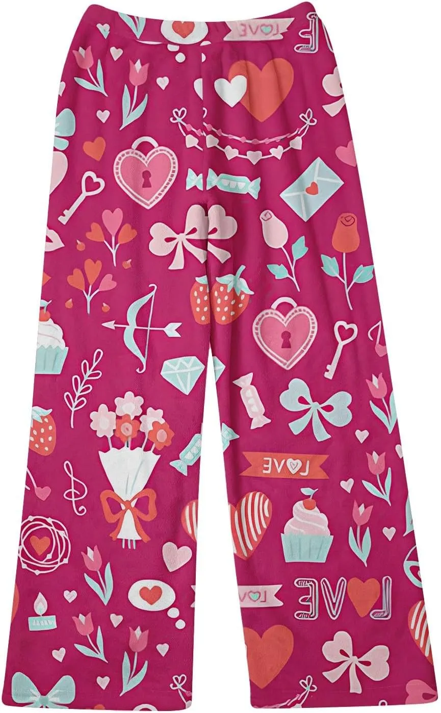 Valentines Pajama Pants 2024 Heart Pj Pants Unisex Fuzzy Pajama Bottoms Women Man Cozy Fleece Lounge Pants Sleepwear