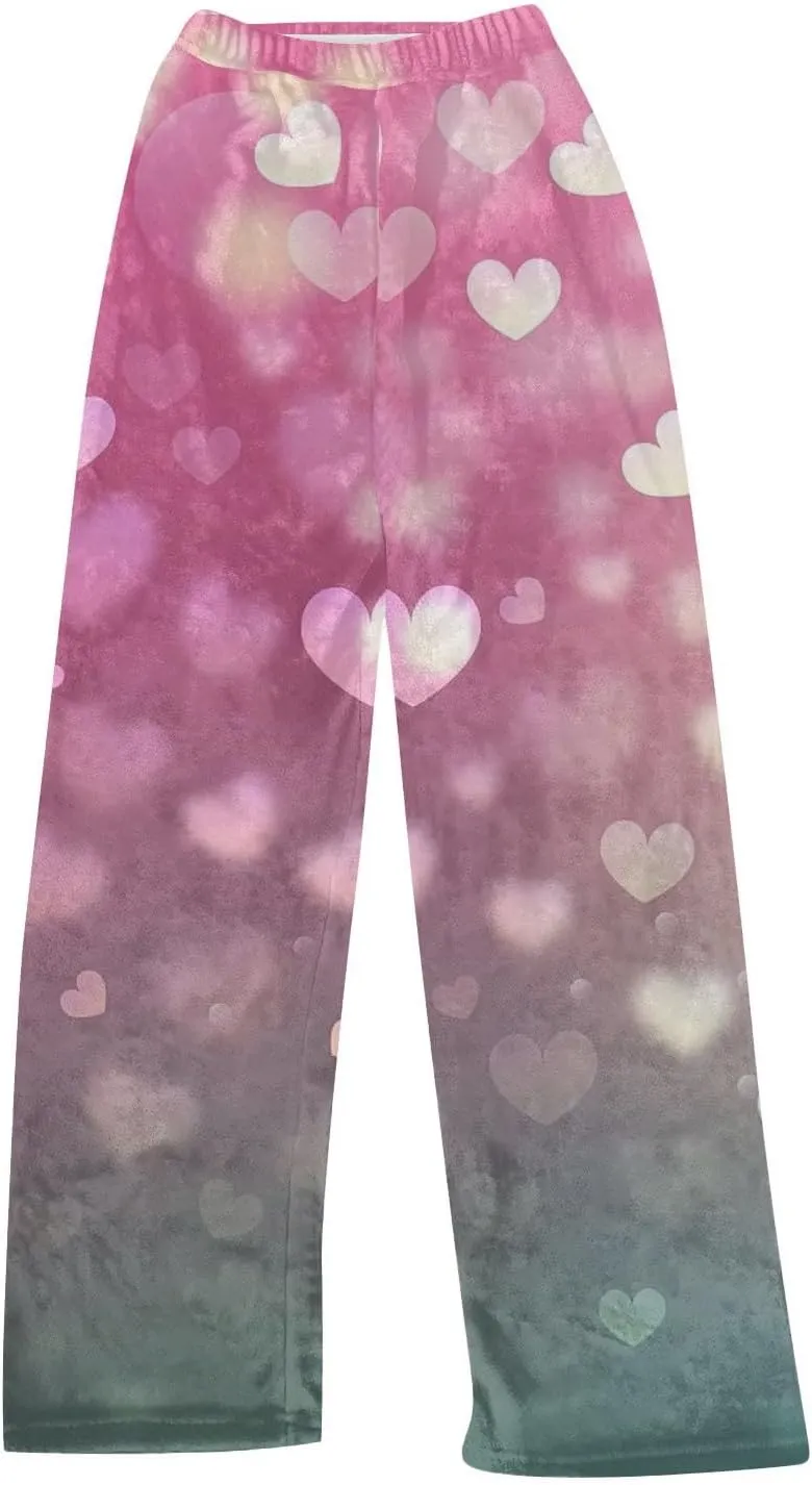 Valentines Pajamas Heart Plush Pj Pants Unisex Soft Fuzzy Pajama Bottoms Women Man Elastic Waist Fleece Lounge Pants