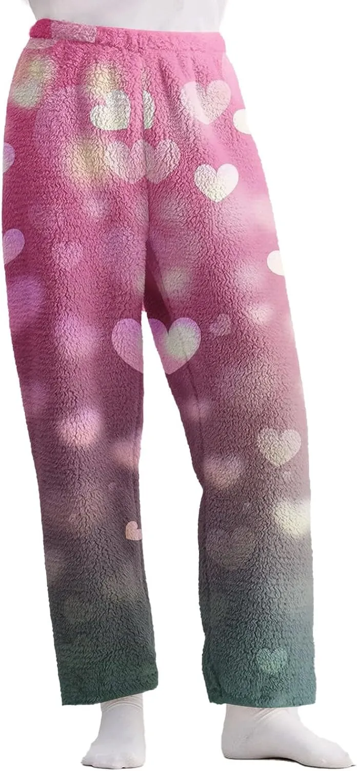 Valentines Pajamas Heart Plush Pj Pants Unisex Soft Fuzzy Pajama Bottoms Women Man Elastic Waist Fleece Lounge Pants