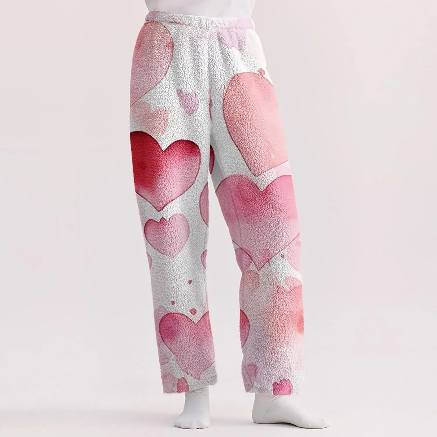 Valentines Pajamas Heart Plush Pj Pants Unisex Soft Fuzzy Pajama Bottoms Women Man Elastic Waist Fleece Lounge Pants