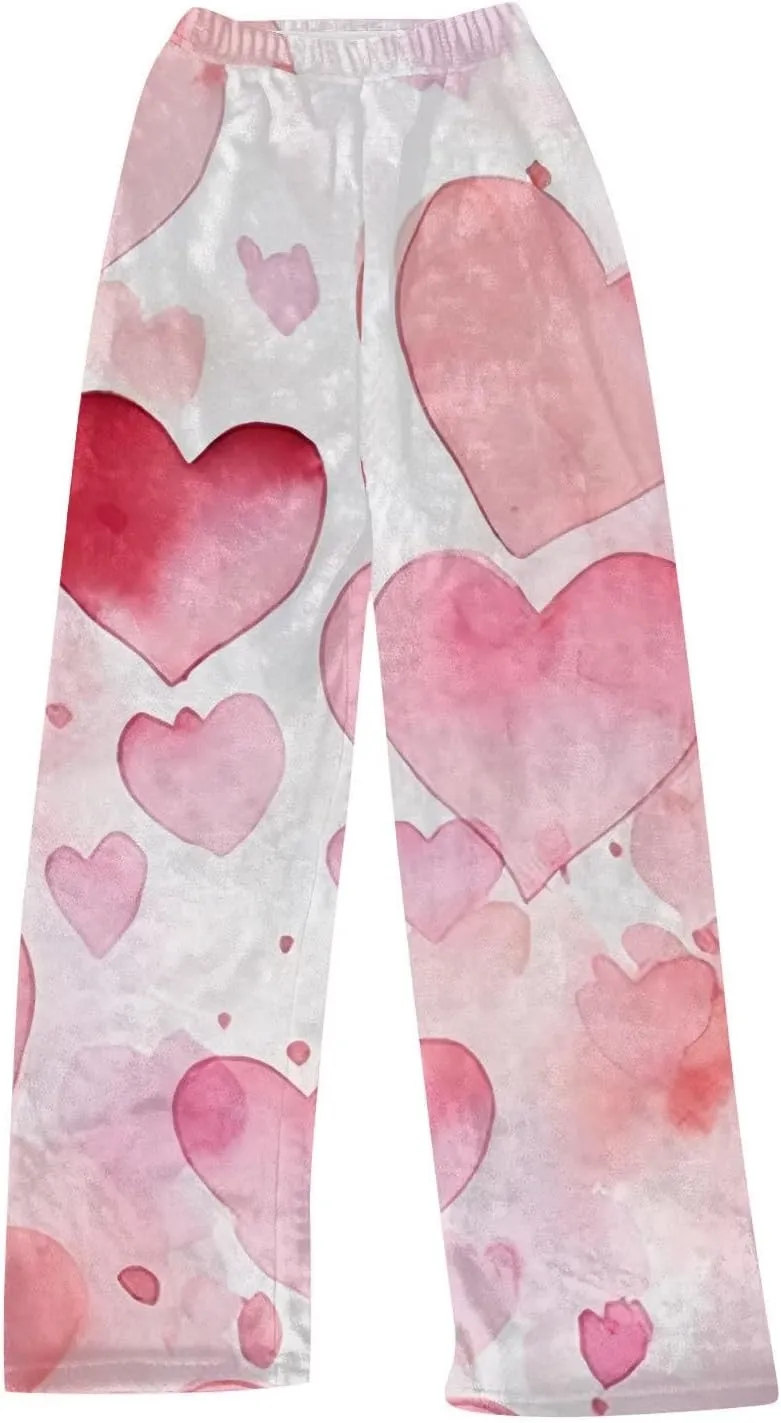 Valentines Pajamas Heart Plush Pj Pants Unisex Soft Fuzzy Pajama Bottoms Women Man Elastic Waist Fleece Lounge Pants