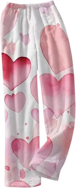 Valentines Pajamas Heart Plush Pj Pants Unisex Soft Fuzzy Pajama Bottoms Women Man Elastic Waist Fleece Lounge Pants