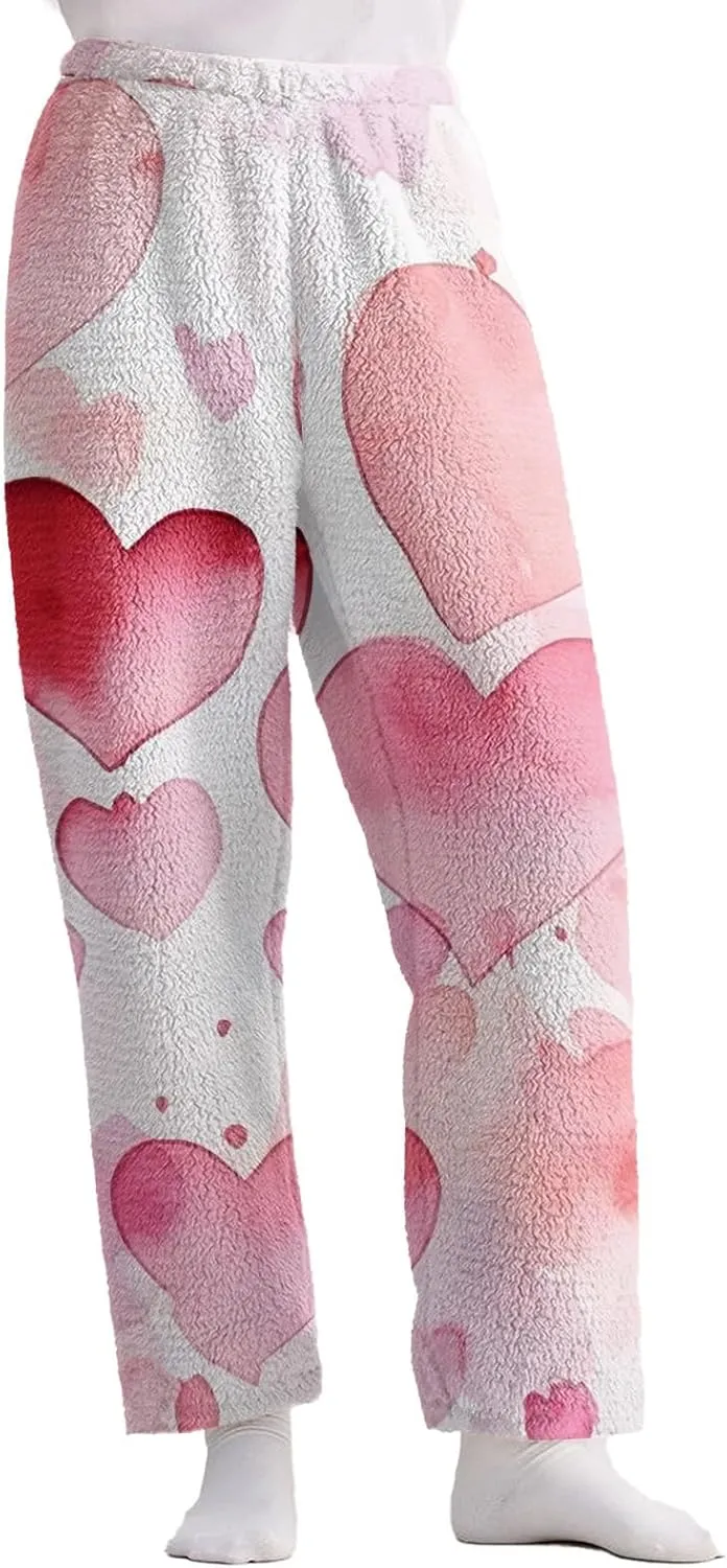 Valentines Pajamas Heart Plush Pj Pants Unisex Soft Fuzzy Pajama Bottoms Women Man Elastic Waist Fleece Lounge Pants