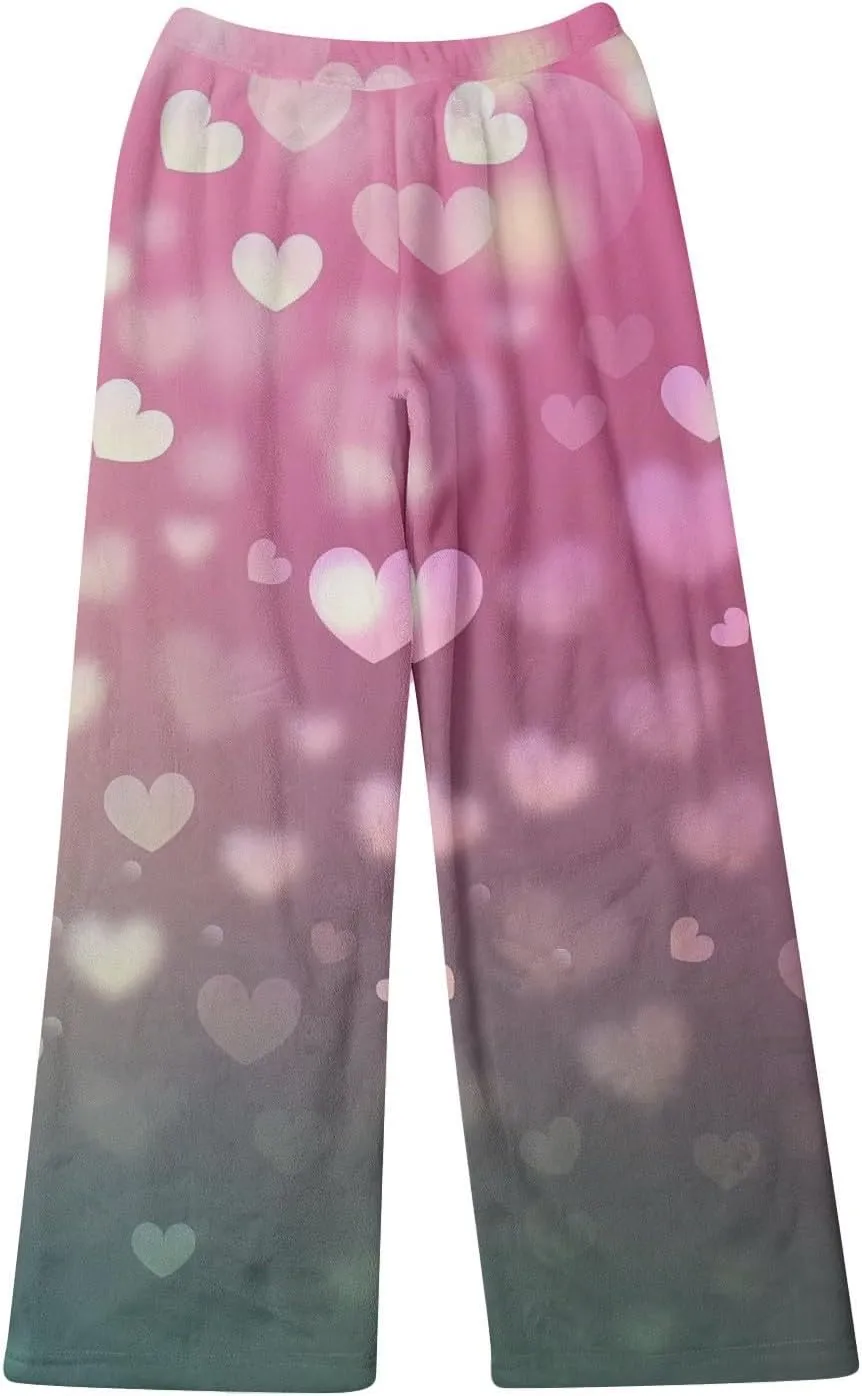 Valentines Pajamas Heart Plush Pj Pants Unisex Soft Fuzzy Pajama Bottoms Women Man Elastic Waist Fleece Lounge Pants
