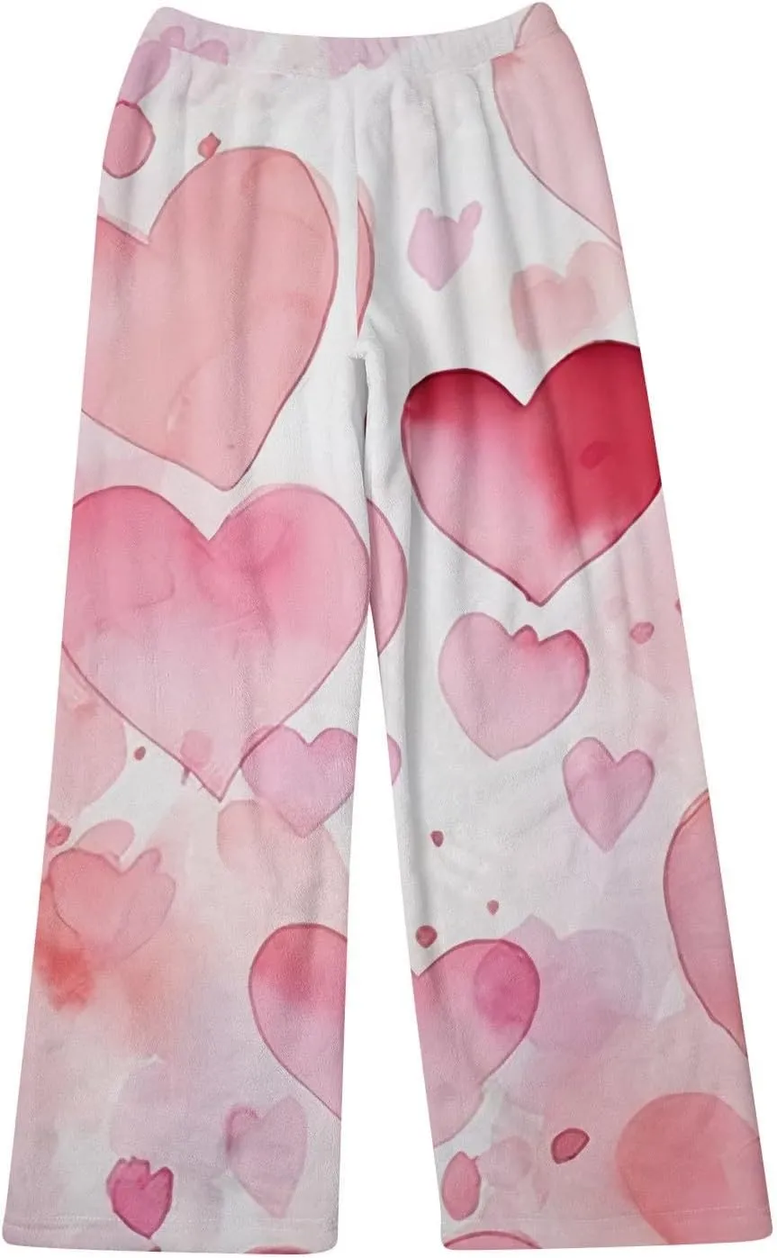 Valentines Pajamas Heart Plush Pj Pants Unisex Soft Fuzzy Pajama Bottoms Women Man Elastic Waist Fleece Lounge Pants