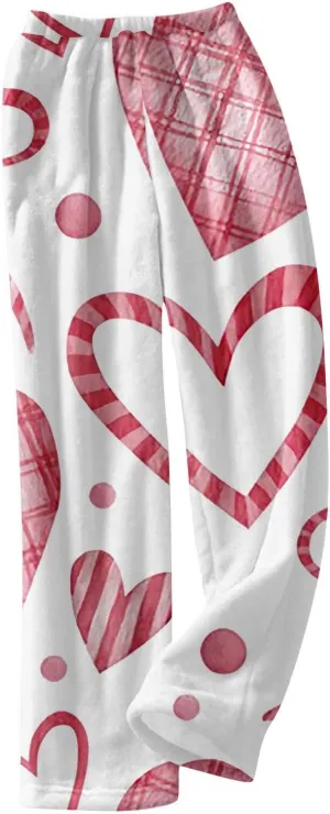 Valentines Pajamas Heart Plush Pj Pants Unisex Soft Fuzzy Pajama Bottoms Women Man Elastic Waist Fleece Lounge Pants