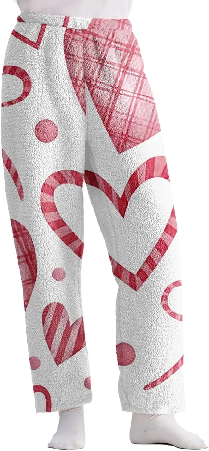 Valentines Pajamas Heart Plush Pj Pants Unisex Soft Fuzzy Pajama Bottoms Women Man Elastic Waist Fleece Lounge Pants