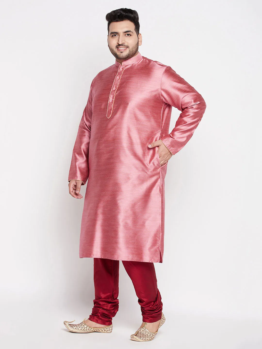 VASTRAMAY Pink Woven Kurta And Maroon Pyjama Set