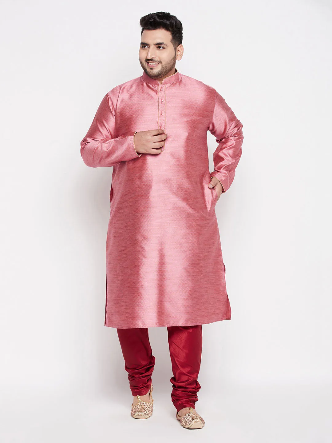 VASTRAMAY Pink Woven Kurta And Maroon Pyjama Set