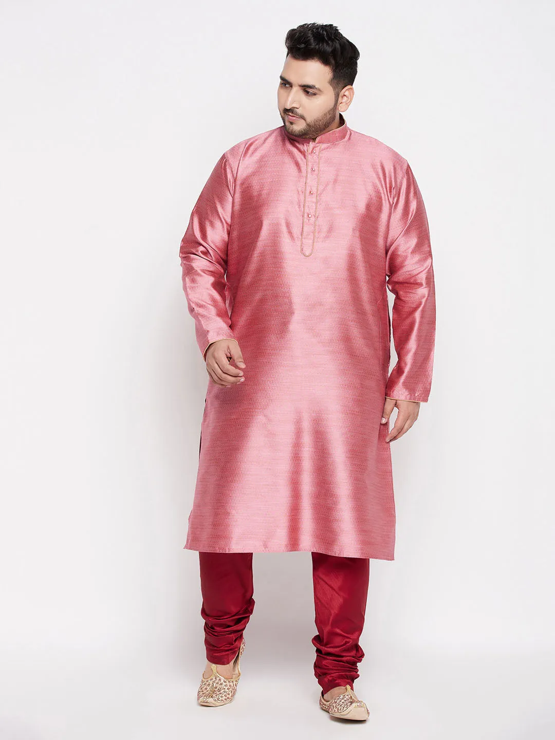 VASTRAMAY Pink Woven Kurta And Maroon Pyjama Set