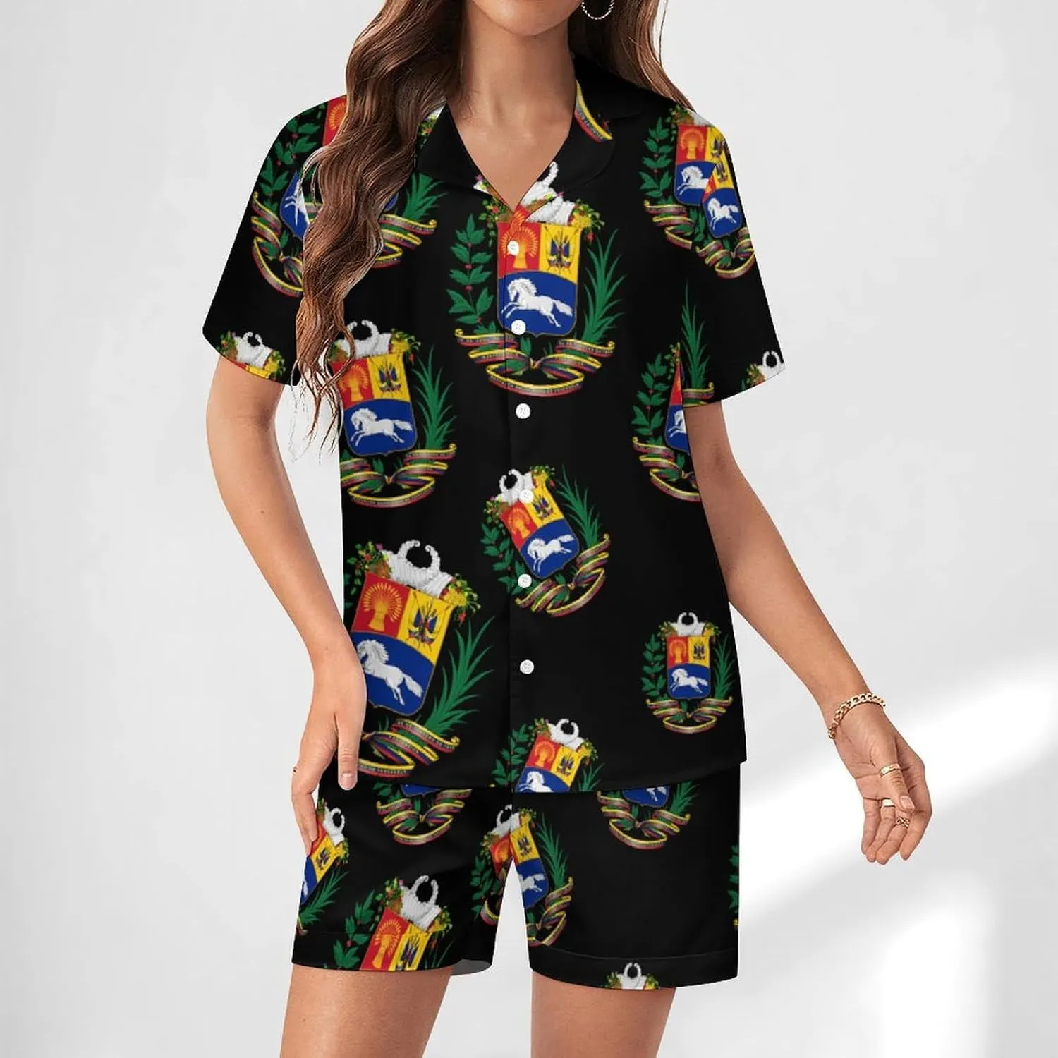 Venezuela Flag 2 Pcs Pajamas For Women Set Cozy Satin Short Sleeve Sleepwear Nightwear Loungewear