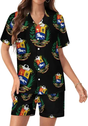 Venezuela Flag 2 Pcs Pajamas For Women Set Cozy Satin Short Sleeve Sleepwear Nightwear Loungewear