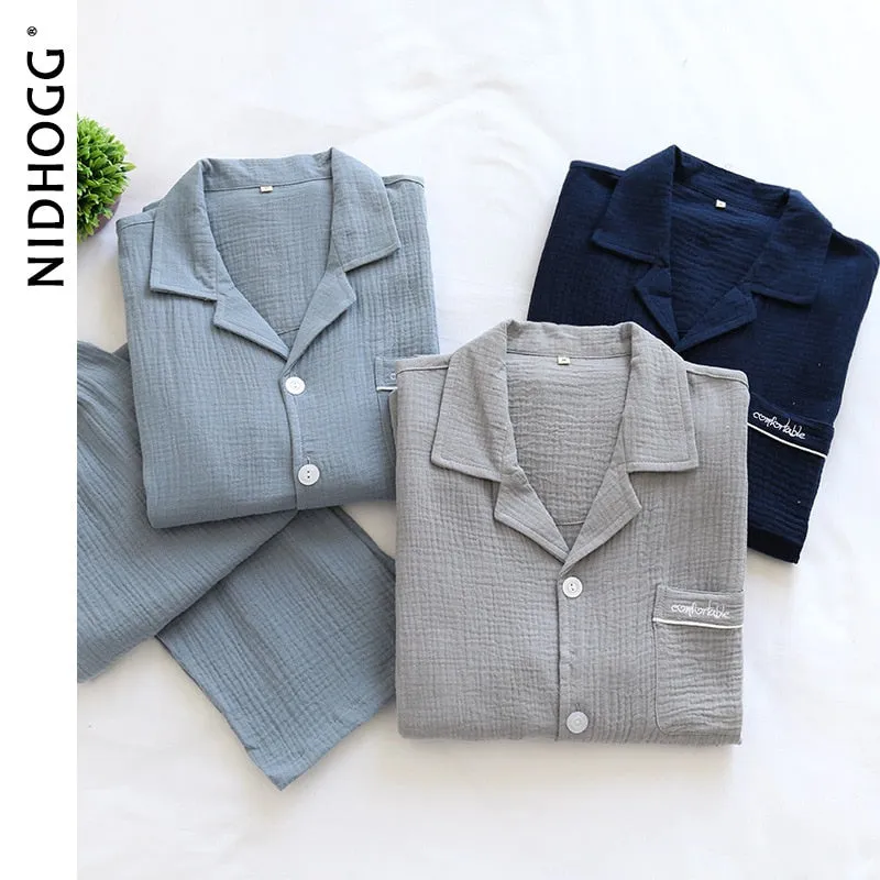 VenusFox Couple's Cotton Crepe Double Layer Gauze Pajamas Men and Women Large Size Sleepwear Long Sleeve Solid Pyjamas Two Piece Set