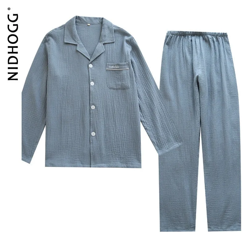 VenusFox Couple's Cotton Crepe Double Layer Gauze Pajamas Men and Women Large Size Sleepwear Long Sleeve Solid Pyjamas Two Piece Set