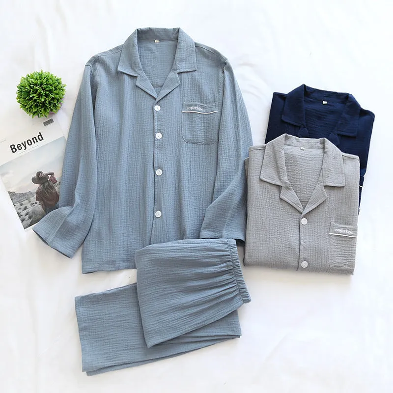 VenusFox Couple's Cotton Crepe Double Layer Gauze Pajamas Men and Women Large Size Sleepwear Long Sleeve Solid Pyjamas Two Piece Set