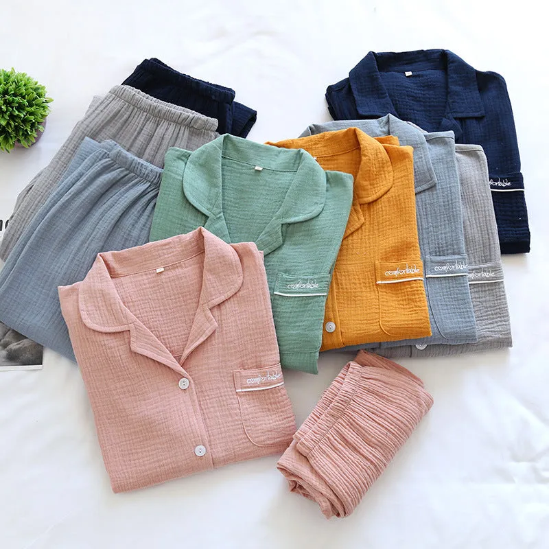 VenusFox Couple's Cotton Crepe Double Layer Gauze Pajamas Men and Women Large Size Sleepwear Long Sleeve Solid Pyjamas Two Piece Set