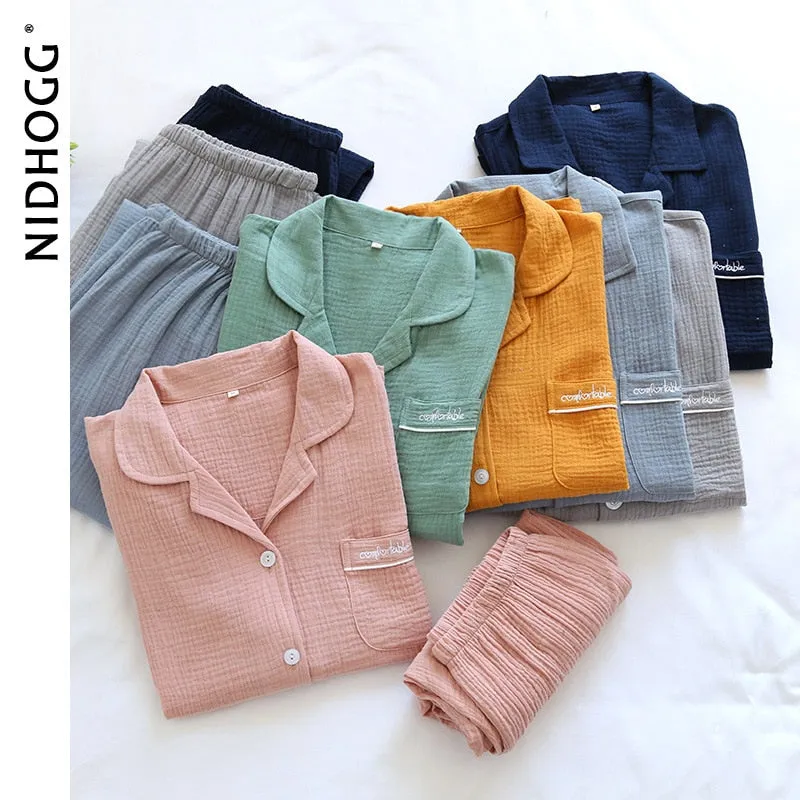 VenusFox Couple's Cotton Crepe Double Layer Gauze Pajamas Men and Women Large Size Sleepwear Long Sleeve Solid Pyjamas Two Piece Set