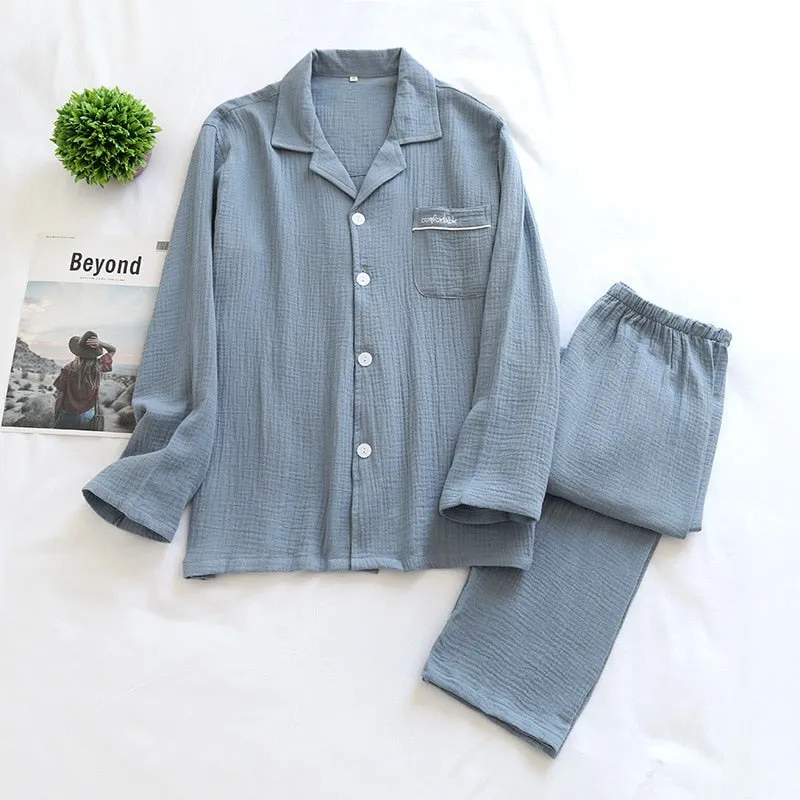 VenusFox Couple's Cotton Crepe Double Layer Gauze Pajamas Men and Women Large Size Sleepwear Long Sleeve Solid Pyjamas Two Piece Set