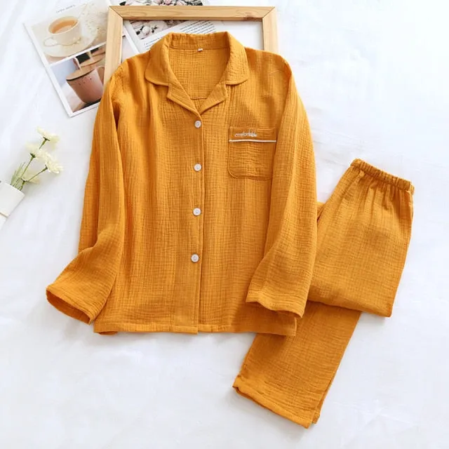 VenusFox Couple's Cotton Crepe Double Layer Gauze Pajamas Men and Women Large Size Sleepwear Long Sleeve Solid Pyjamas Two Piece Set