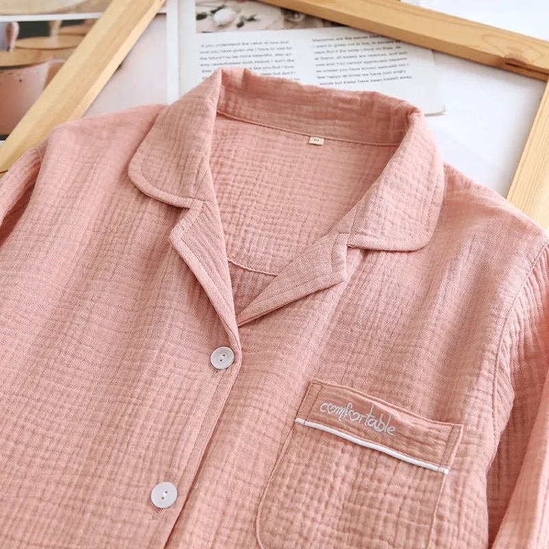 VenusFox Couple's Cotton Crepe Double Layer Gauze Pajamas Men and Women Large Size Sleepwear Long Sleeve Solid Pyjamas Two Piece Set